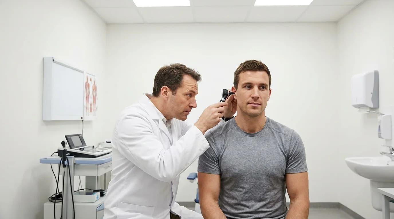 ENT specialist examining a patient for a hearing loss medico-legal report
