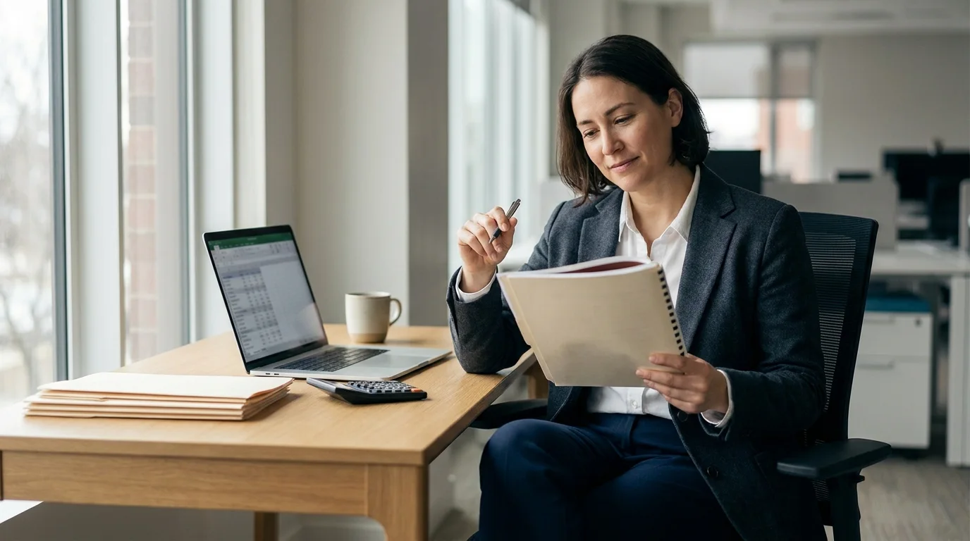Professional reviewing the cost of a medico-legal report with a fee schedule and laptop