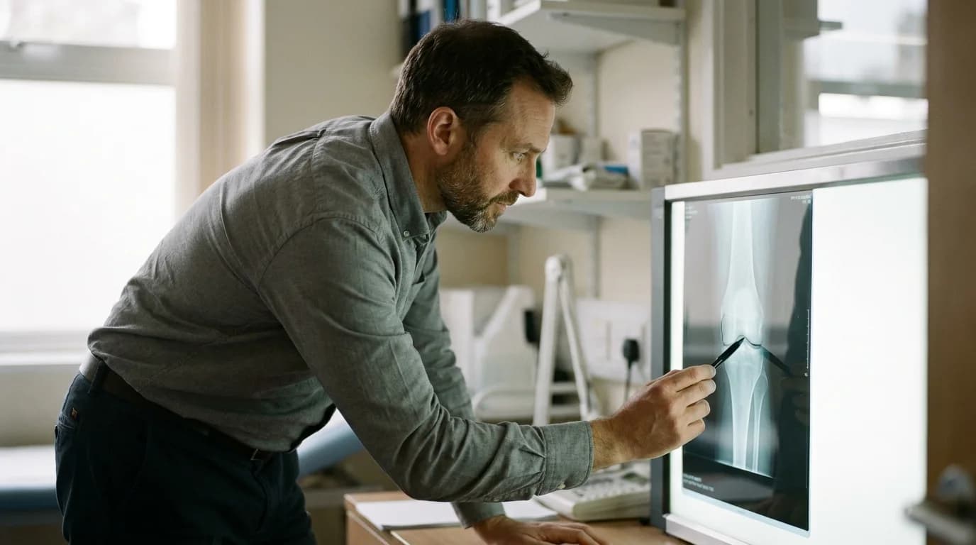 Consultant orthopaedic surgeon reviewing a knee X-ray on a monitor