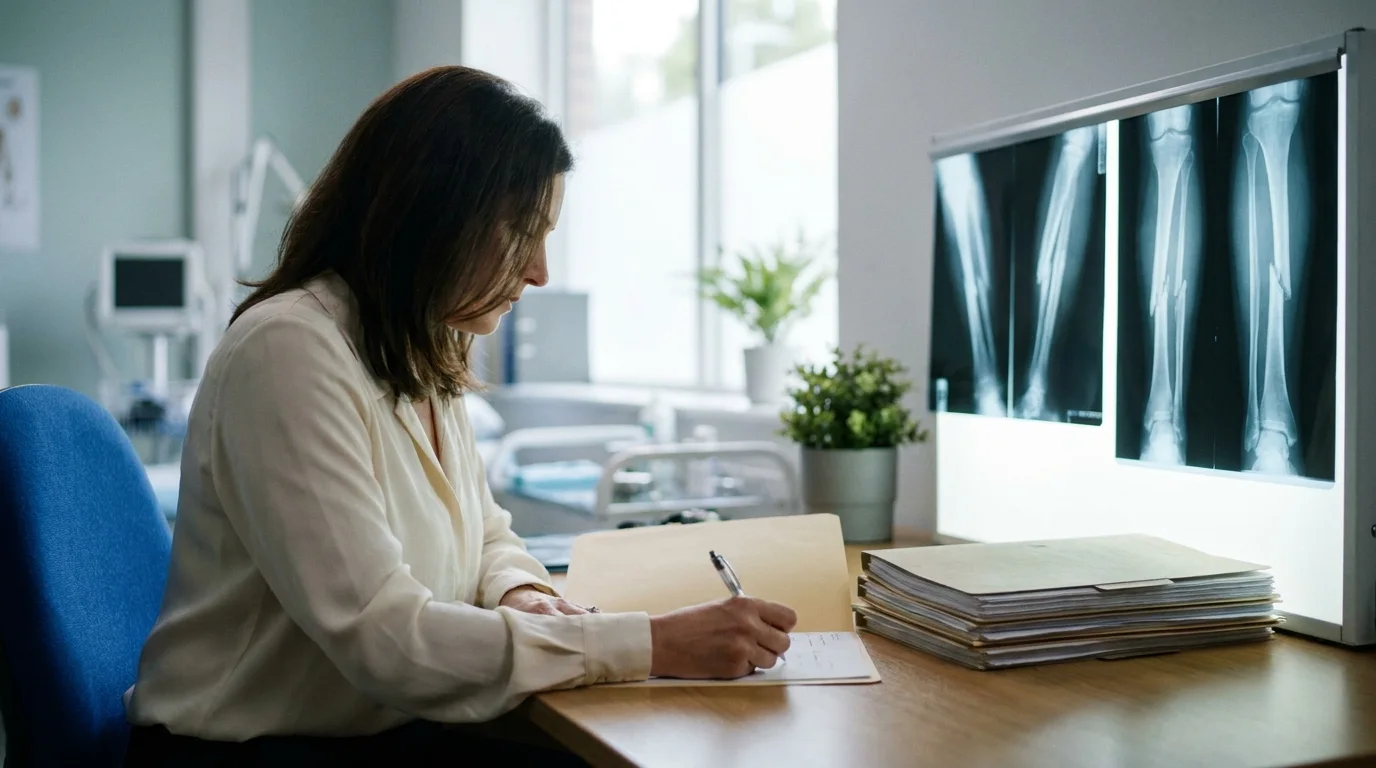 Orthopaedic expert studying fracture X-rays while drafting a prognosis at a desk