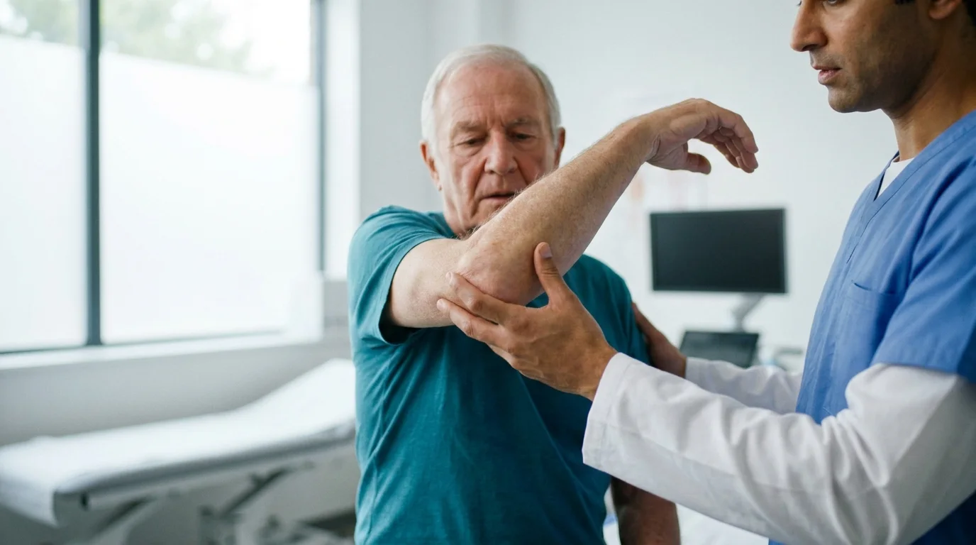 Orthopaedic surgeon assessing a patient's shoulder range of movement in clinic
