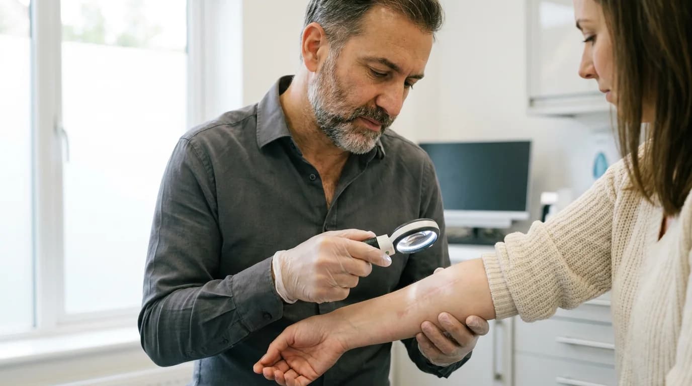 Consultant plastic surgeon examining a healed forearm scar during a medico-legal assessment