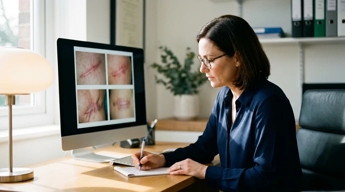 Plastic surgeon reviewing clinical photographs of scarring on a monitor to plan revision options