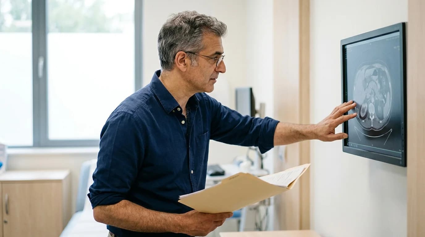 Consultant urologist reviewing a renal tract CT scan on a monitor in a clinical consulting room