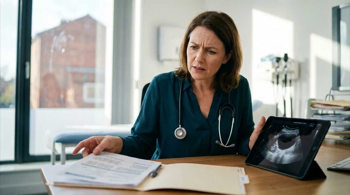 Urology expert comparing operative notes with an ultrasound image at a desk to assess causation