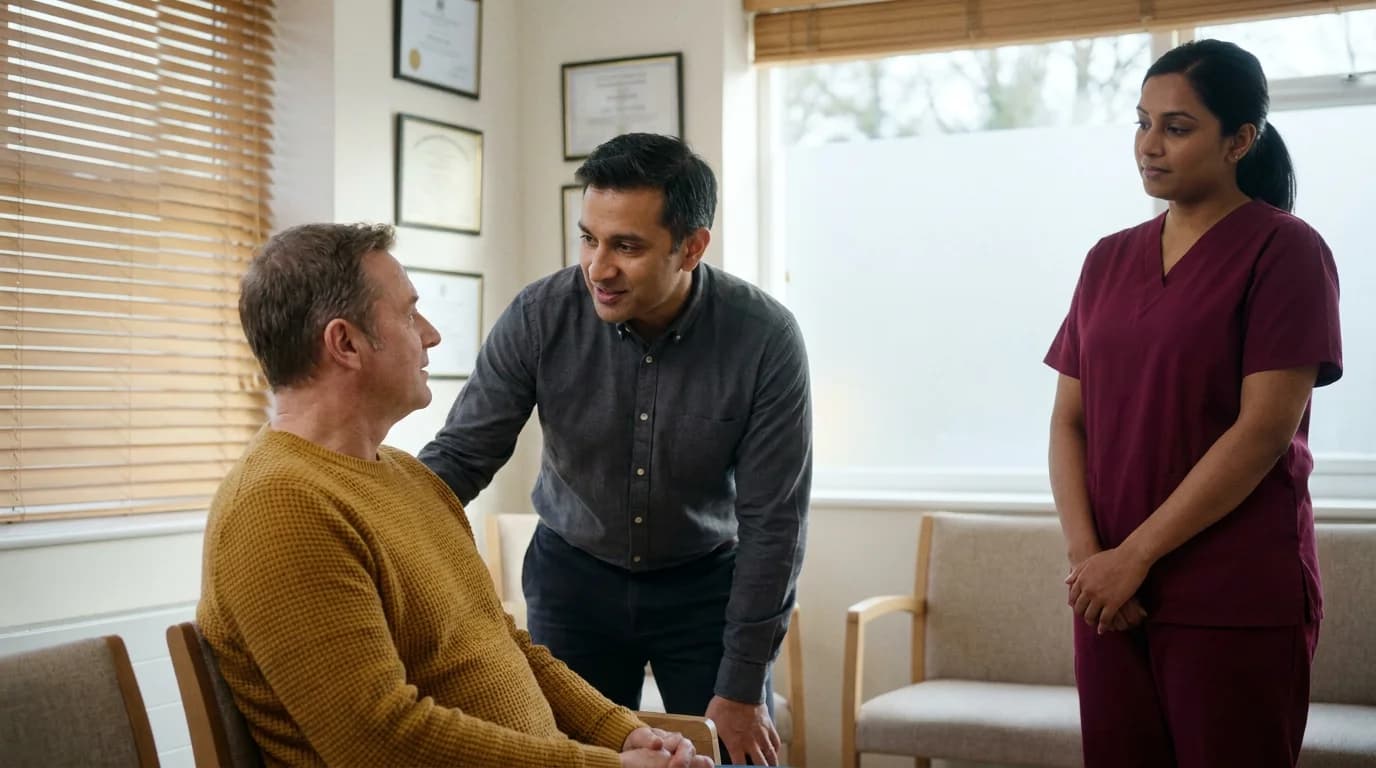 Urologist explaining a sensitive examination to a patient with a chaperone nurse present