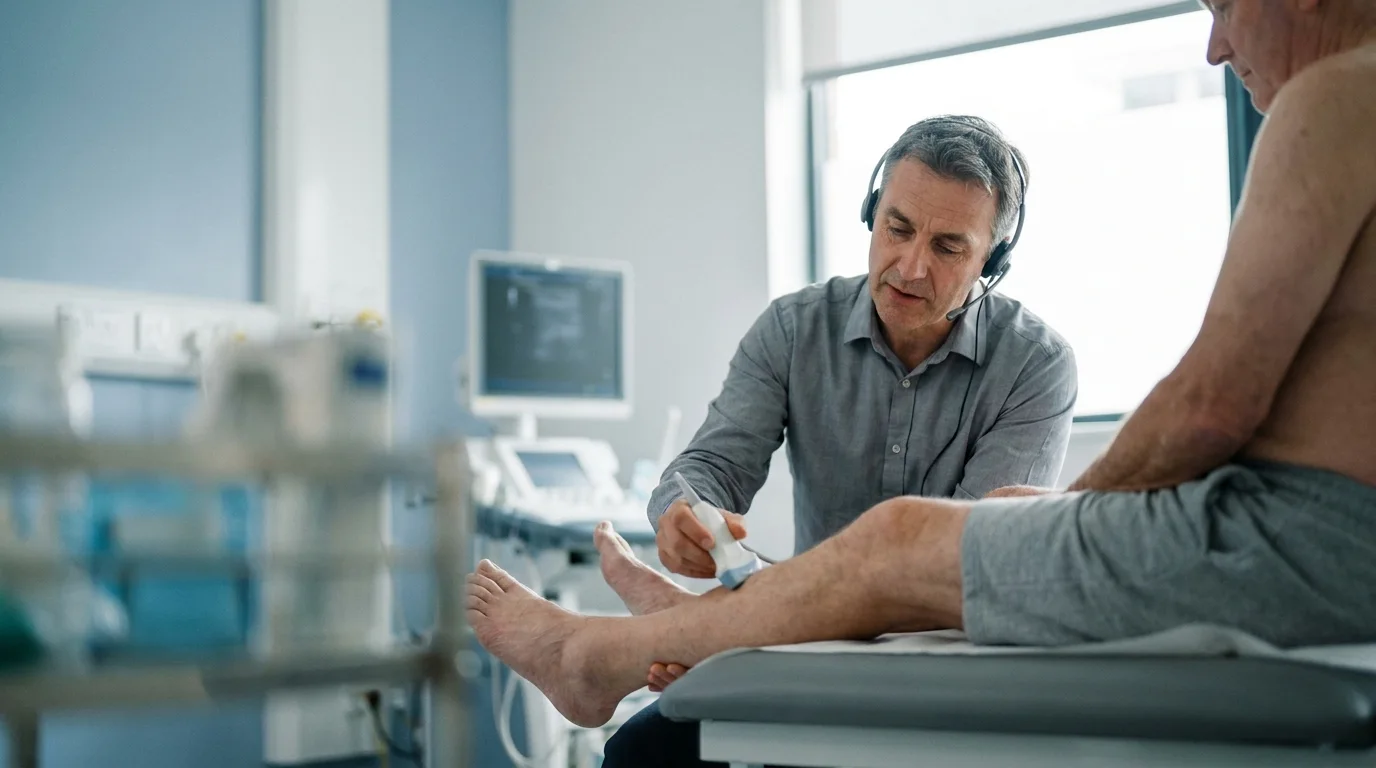 Vascular surgeon examining a patient's leg circulation with a handheld Doppler probe