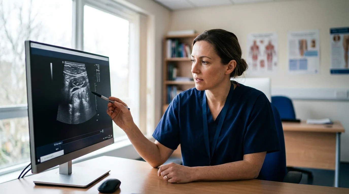 Vascular surgeon reviewing a venous duplex ultrasound scan on a monitor