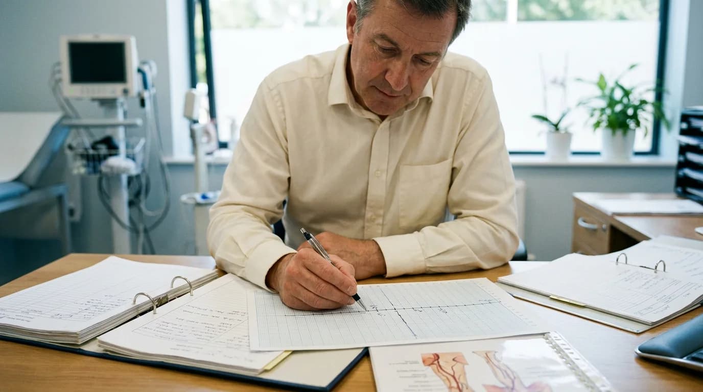 Vascular expert reconstructing a treatment timeline from clinical observation charts