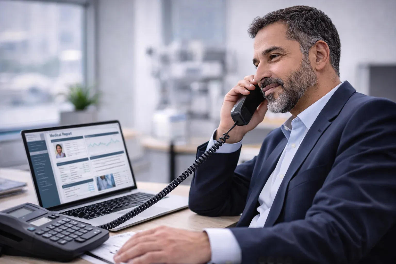 A man taking a telephone call beside a laptop displaying a medical report