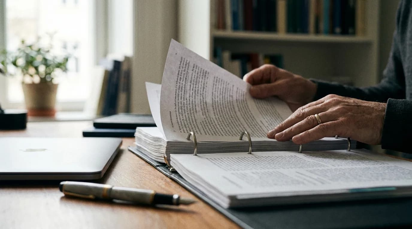Hands reviewing a printed policy document at a desk, representing Expert Medical's published policies and procedures