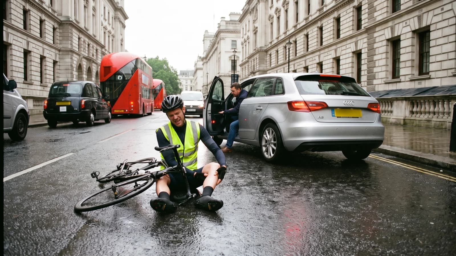 A cyclist clutching an injured leg after a collision with a car on a central London street