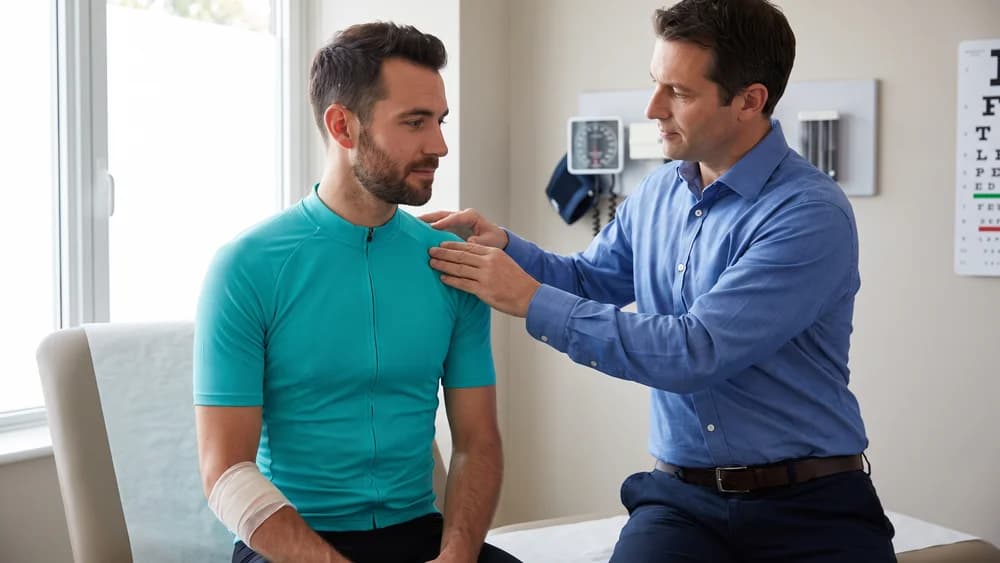 A doctor examining an injured cyclist's shoulder in a clinical consulting room