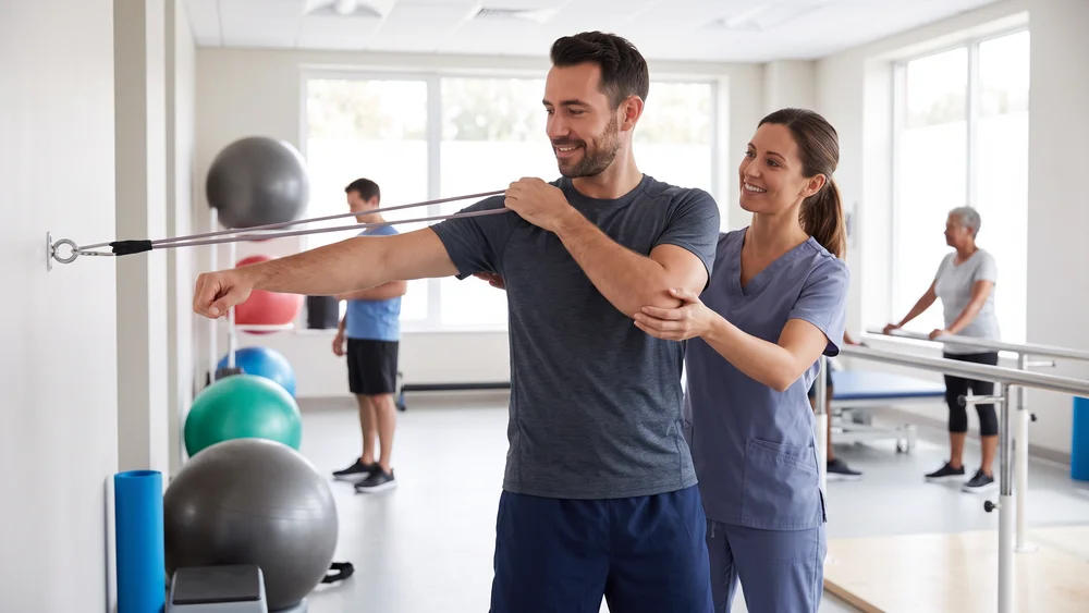 A cyclist doing shoulder rehabilitation exercises with a physiotherapist after a cycling injury