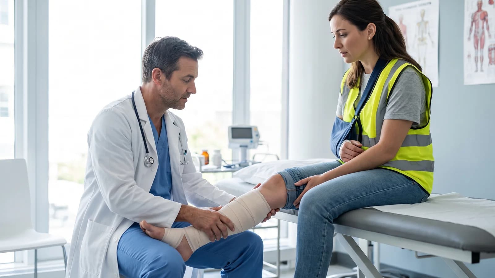 A person injured in a road traffic accident being medically assessed in a clinical consulting room