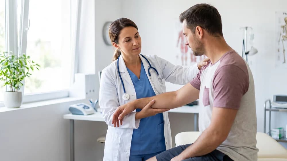 A doctor assessing a road traffic accident injury in a clinical consulting room