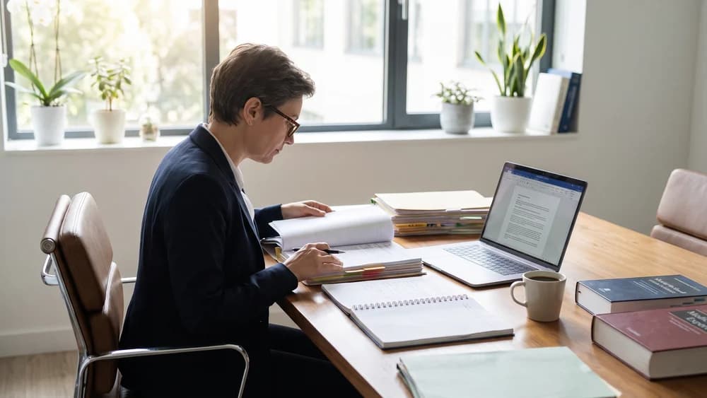 A medico-legal expert preparing an independent CPR Part 35 report at a desk