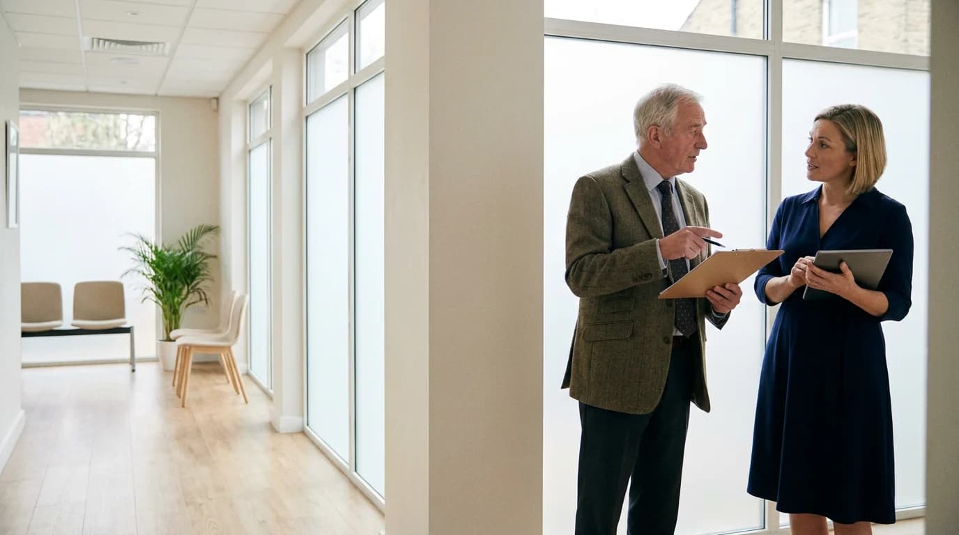 Two clinicians discussing a patient's notes in a clinic corridor