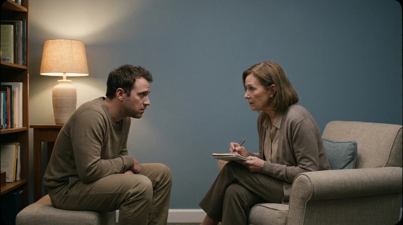 Psychologist assessing a client's psychological wellbeing during a data breach claim assessment in a calm consulting room