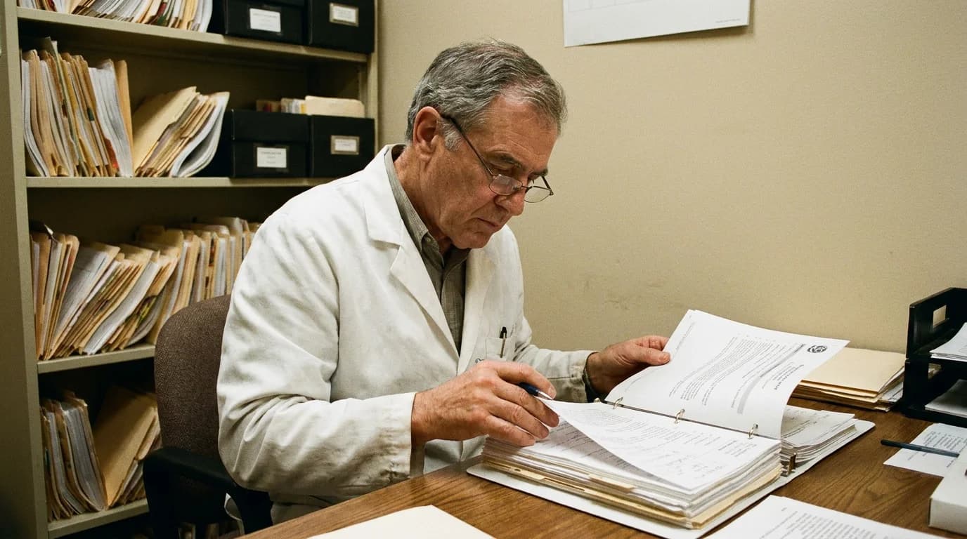 Consultant reviewing a patient's medical records to prepare an independent clinical negligence opinion