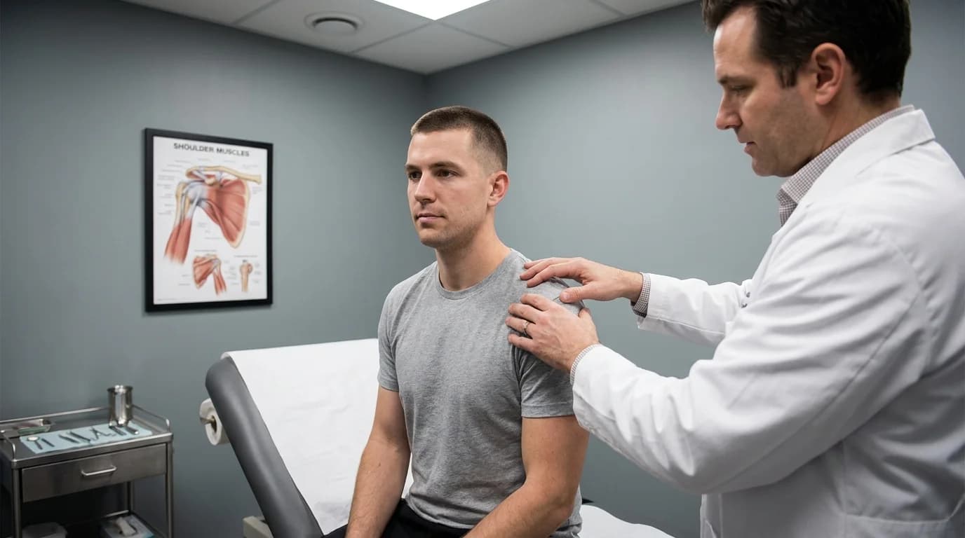 Consultant assessing the injury of a fit man during an independent medical examination in a clinic