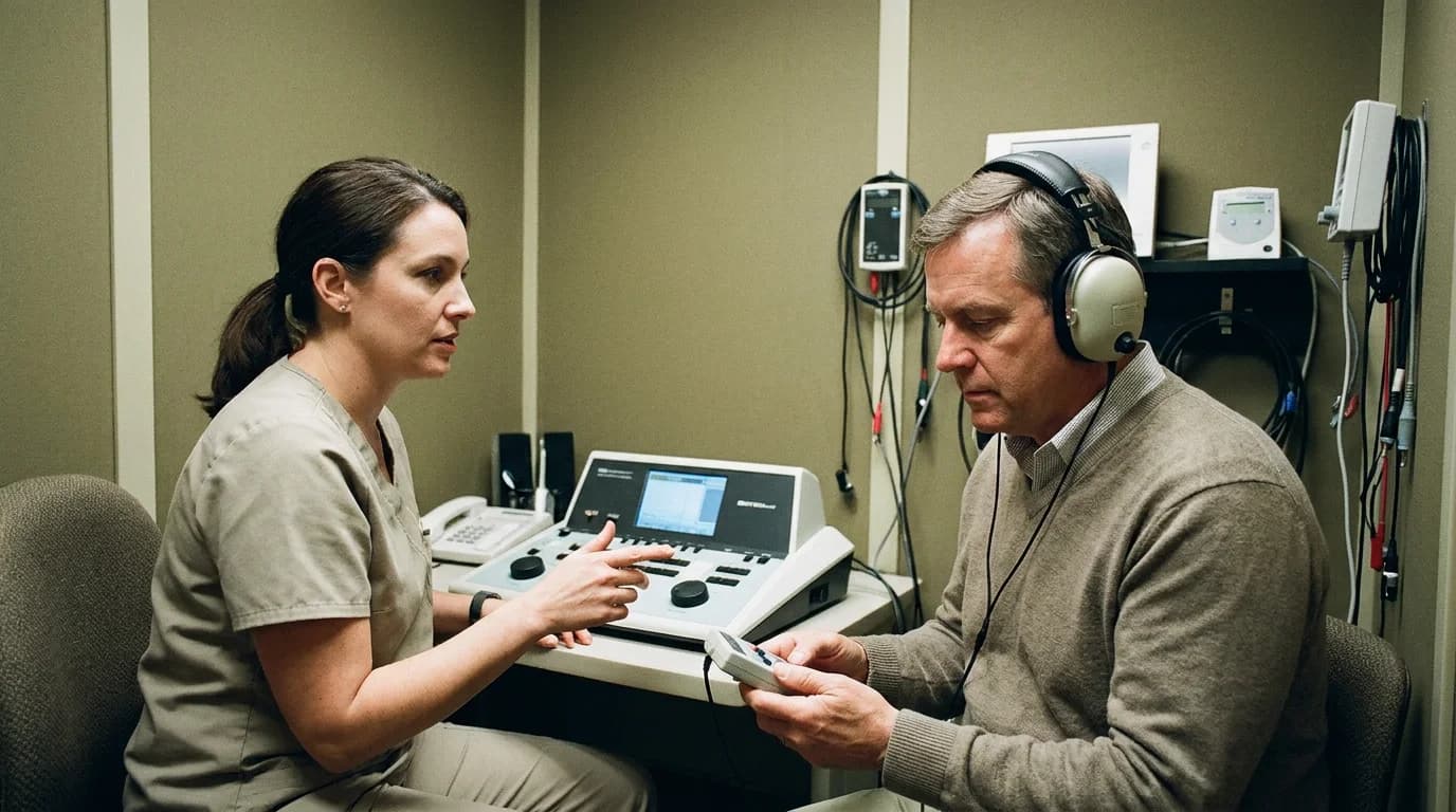 Audiologist conducting a hearing test on a patient wearing audiometry headphones for a noise-induced hearing loss report