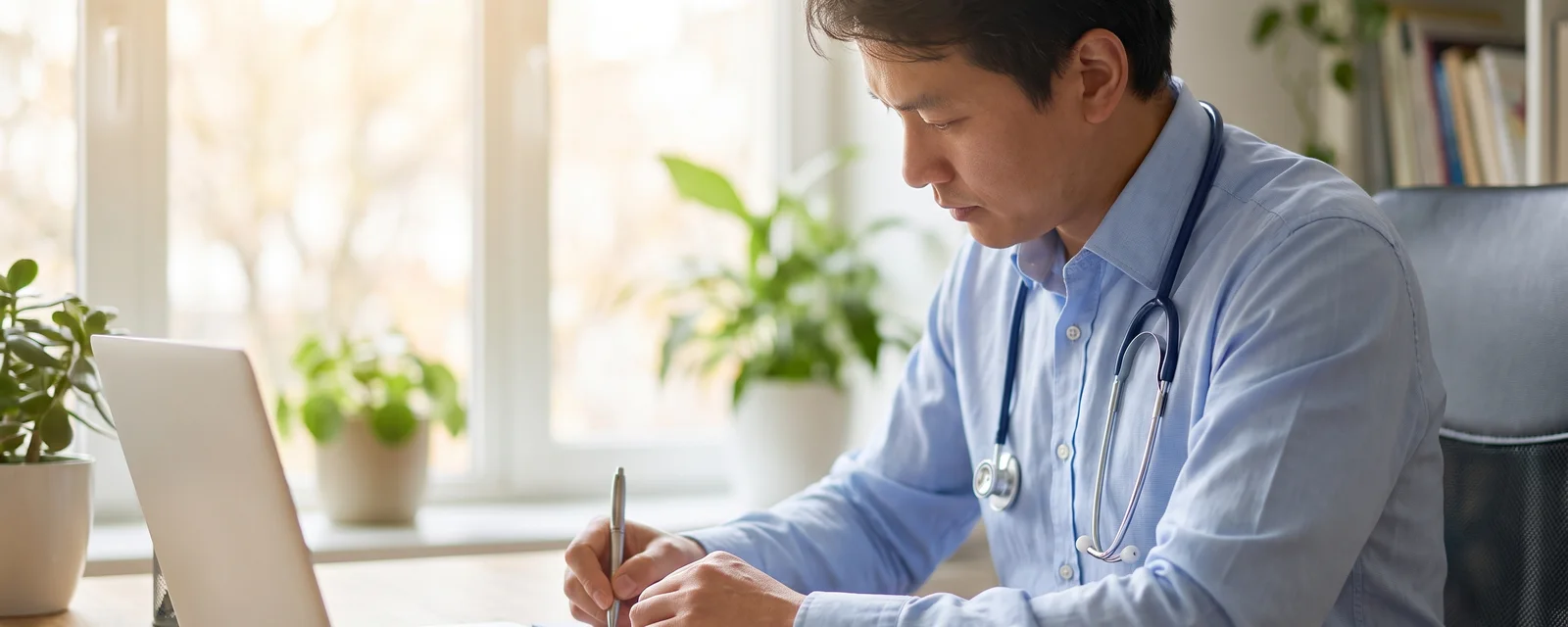 Clinician preparing an independent psychiatric report at a desk