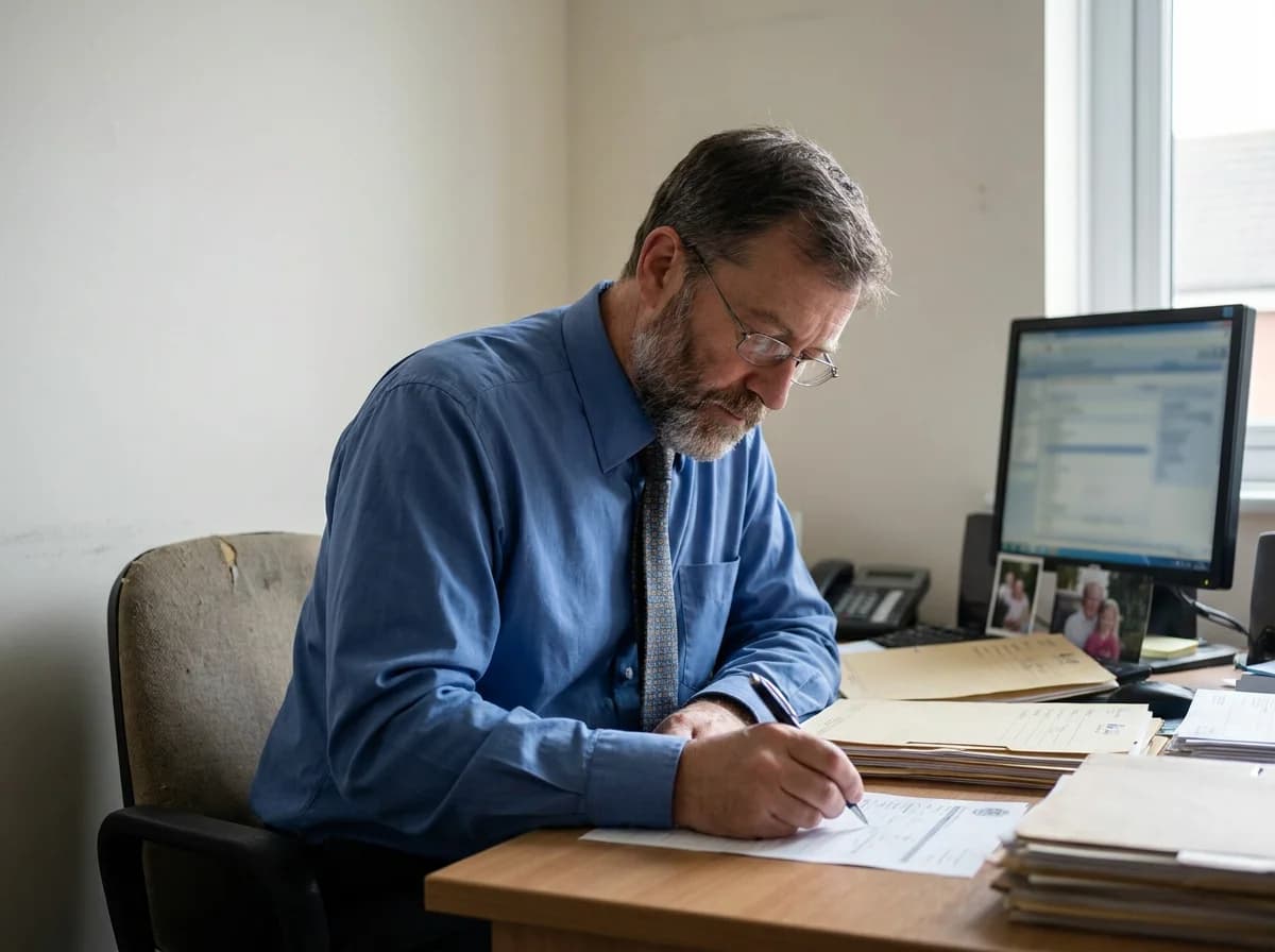 UK GP writing an expert medical report at a consulting room desk