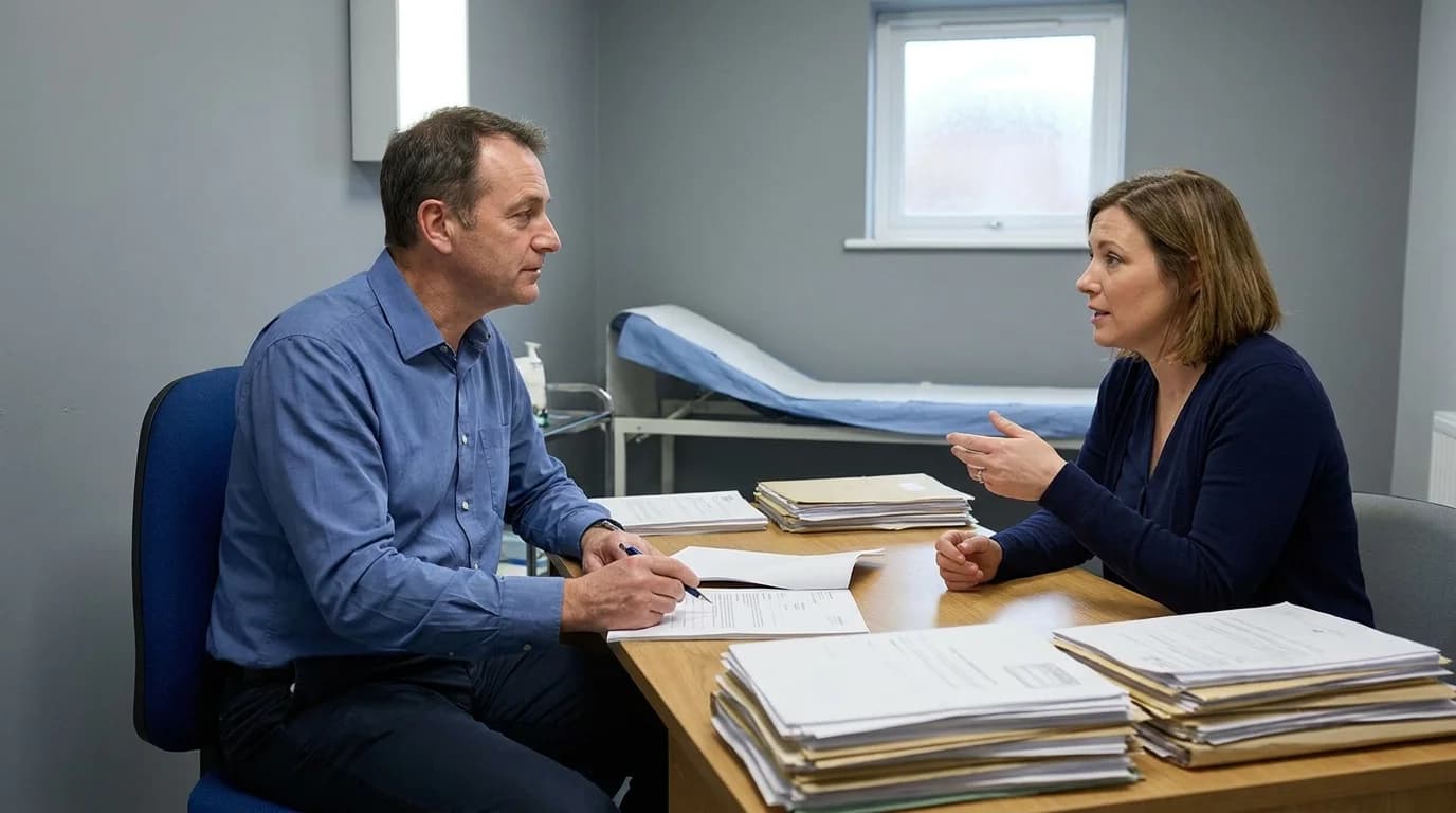 Medical expert reviewing notes during an expert medical examination for a medical legal report in a UK clinic