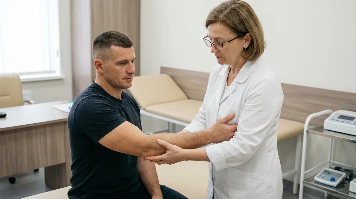 Independent medical consultant assessing a serviceman for a military injury medical report