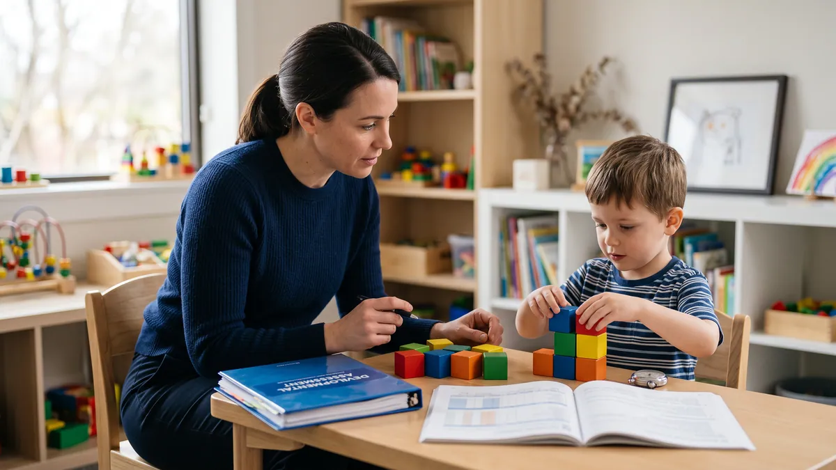 Clinician using standardised assessment materials with a child