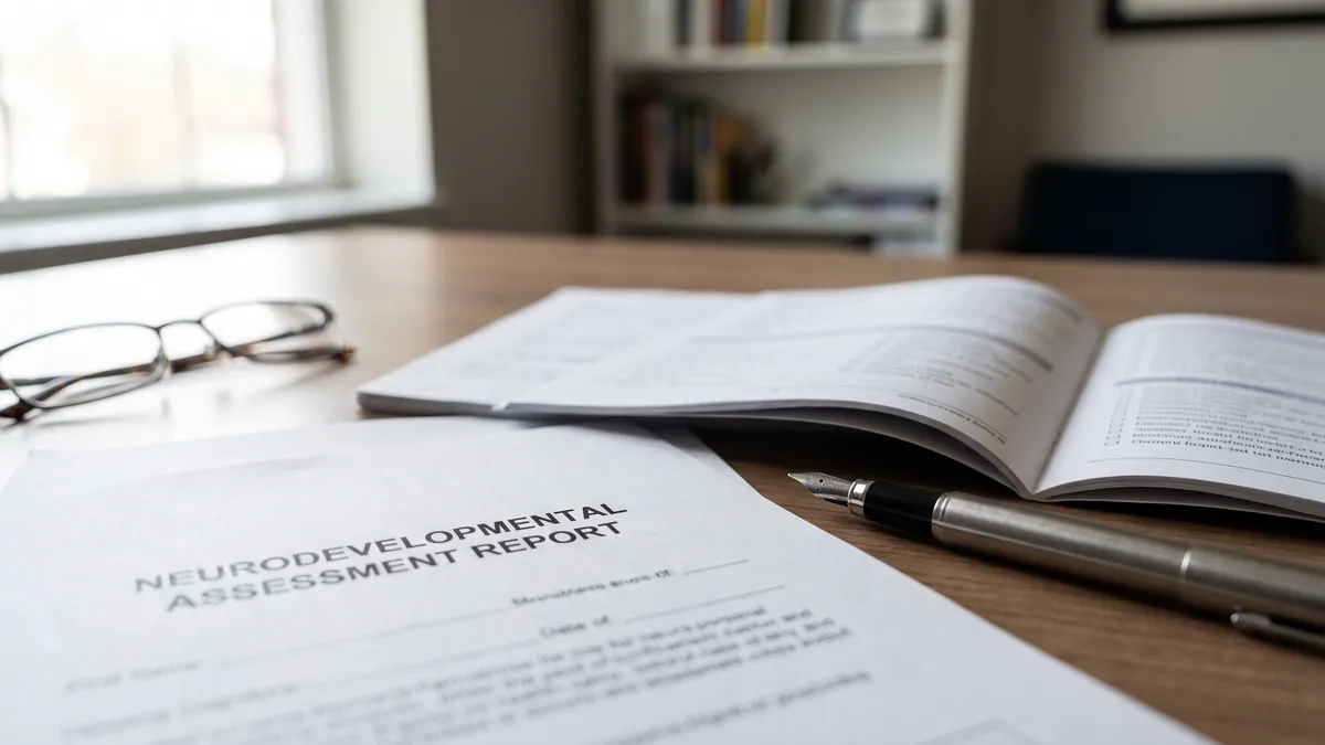 Neurodevelopmental assessment report and questionnaires on a desk