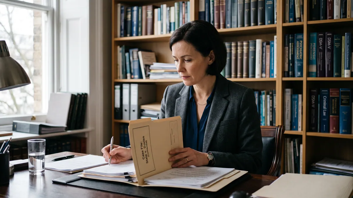Forensic psychiatrist reviewing a case file in an office