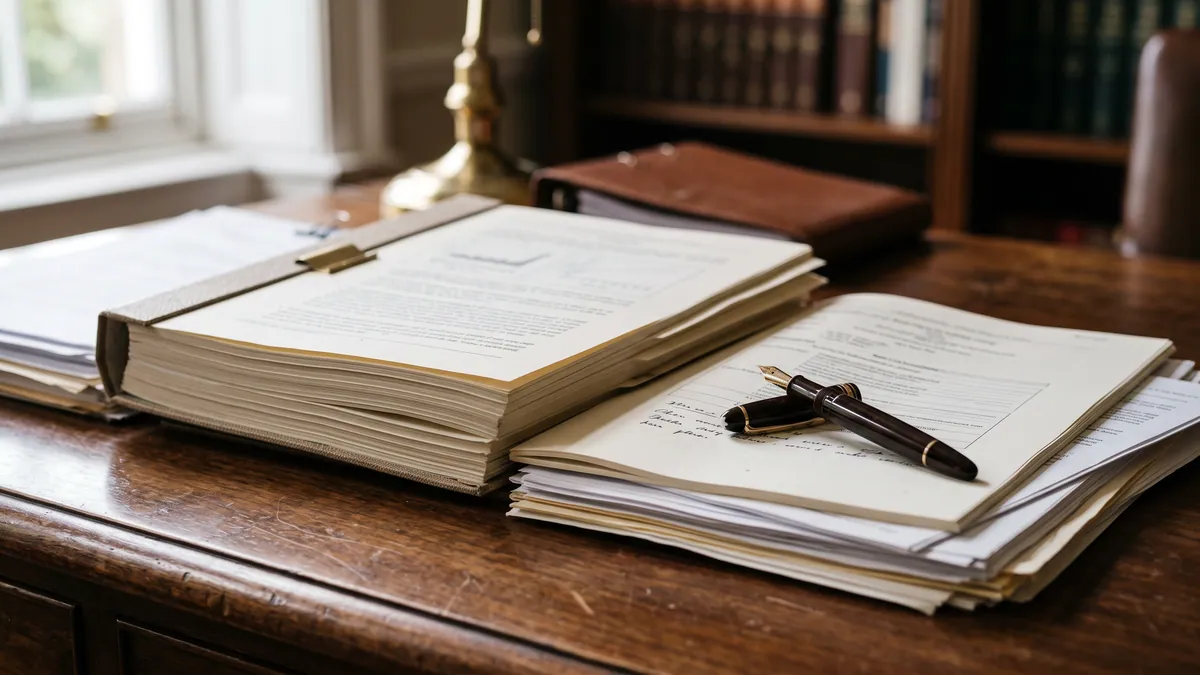 Expert report and legal documents on a desk