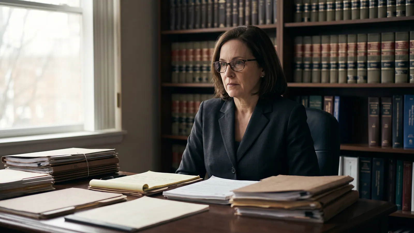 Forensic psychiatrist reviewing case papers in a quiet office