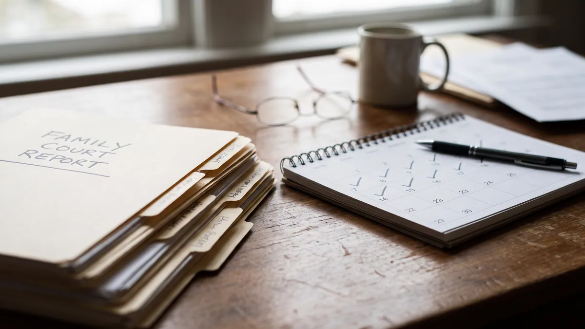Family court report and documents beside a calendar