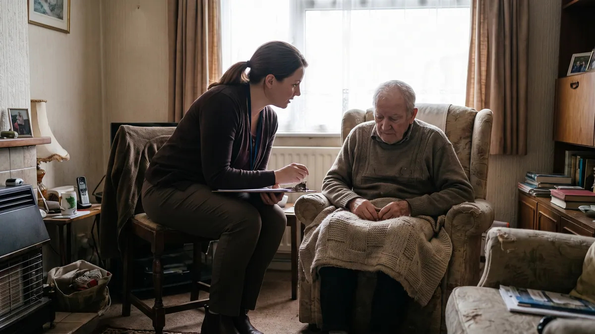 Clinician assessing a vulnerable adult in a home setting