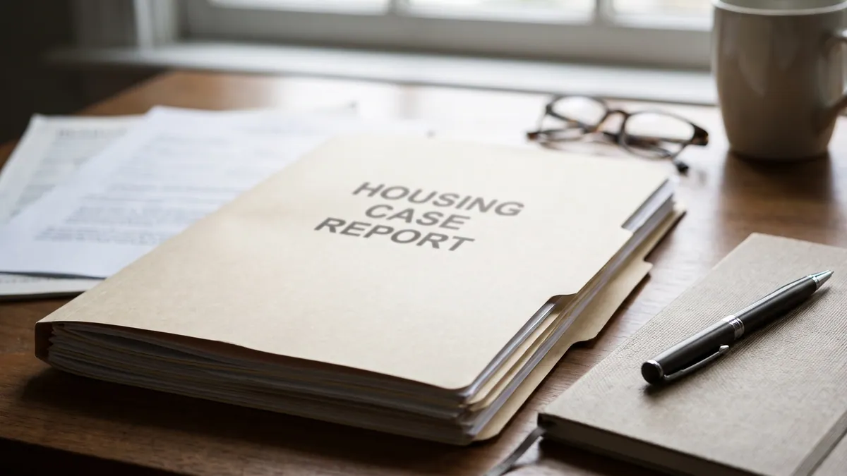 Housing case report and documents on a desk