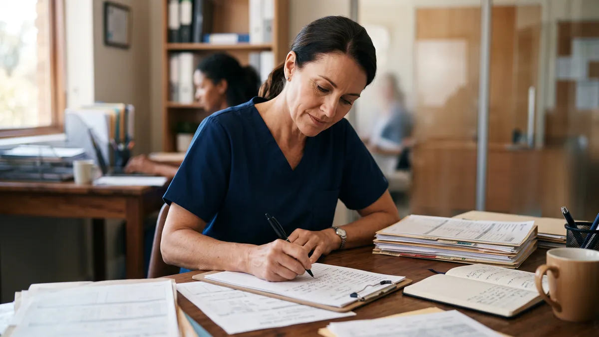 Clinician writing careful assessment notes at a desk