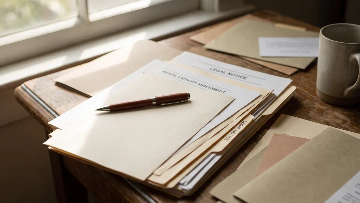 Mental capacity assessment report on a desk