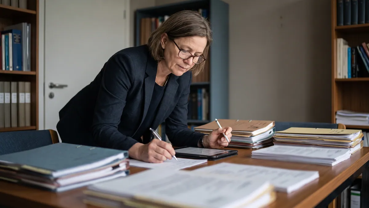 Forensic specialist reviewing a structured risk assessment