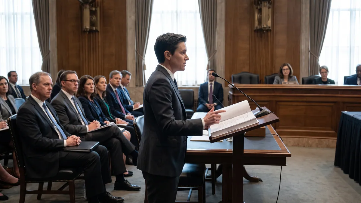 Professional presenting a report in a hearing room
