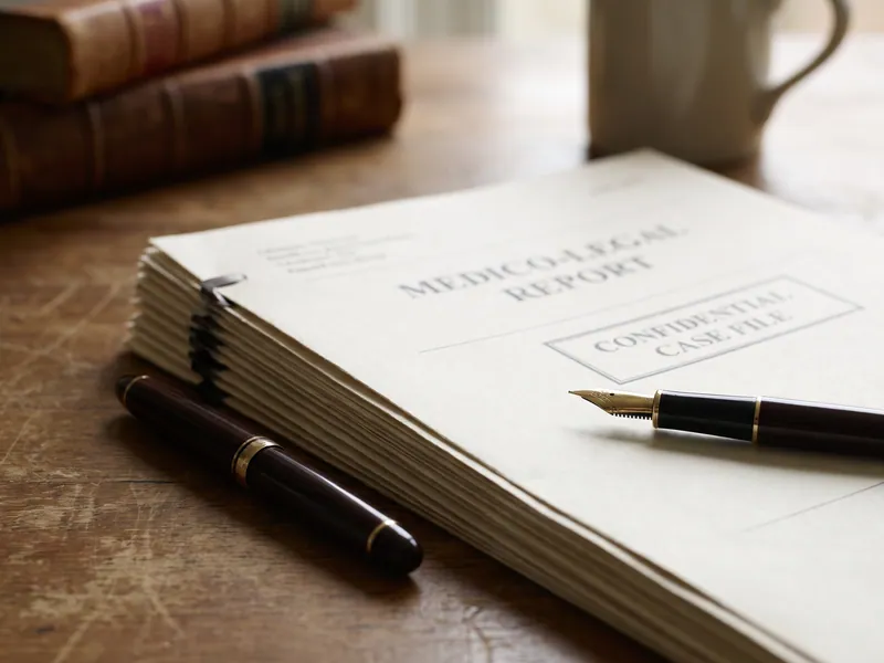 Medico-legal report and documents prepared on a desk