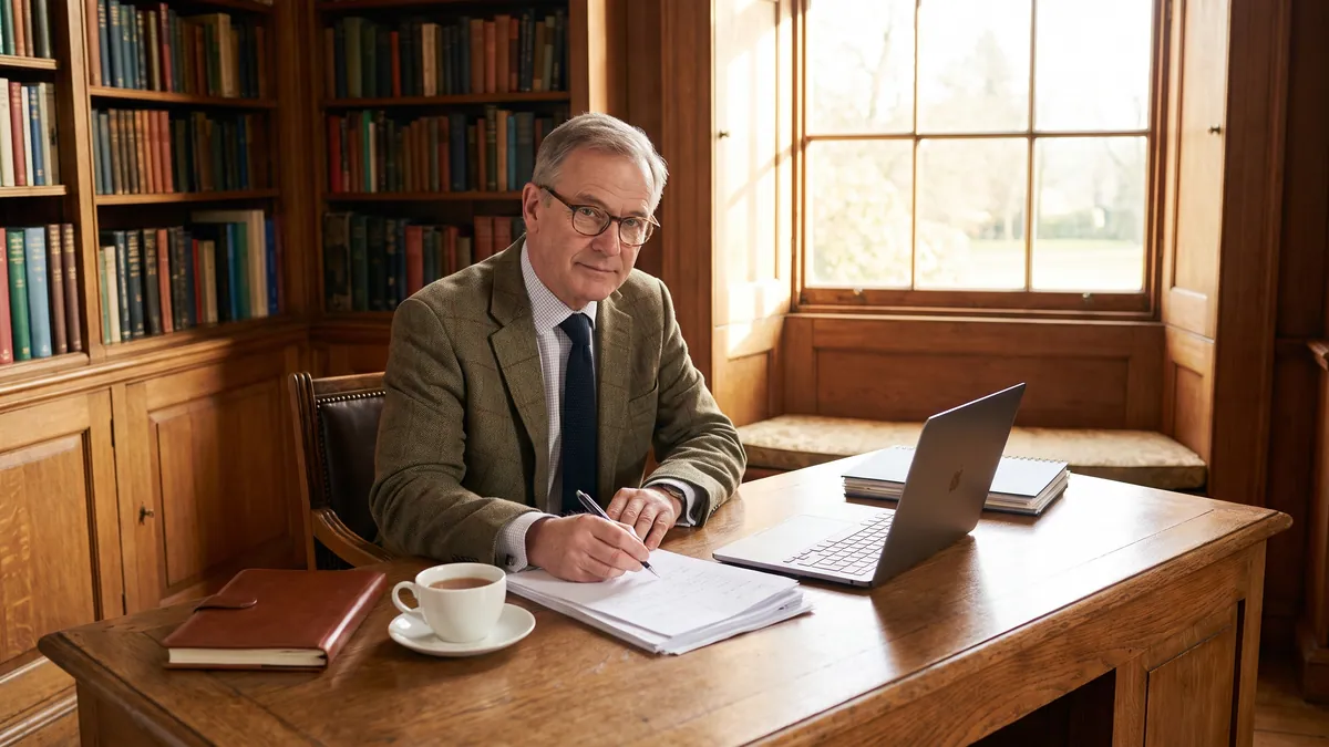 Consultant reviewing notes in a private office