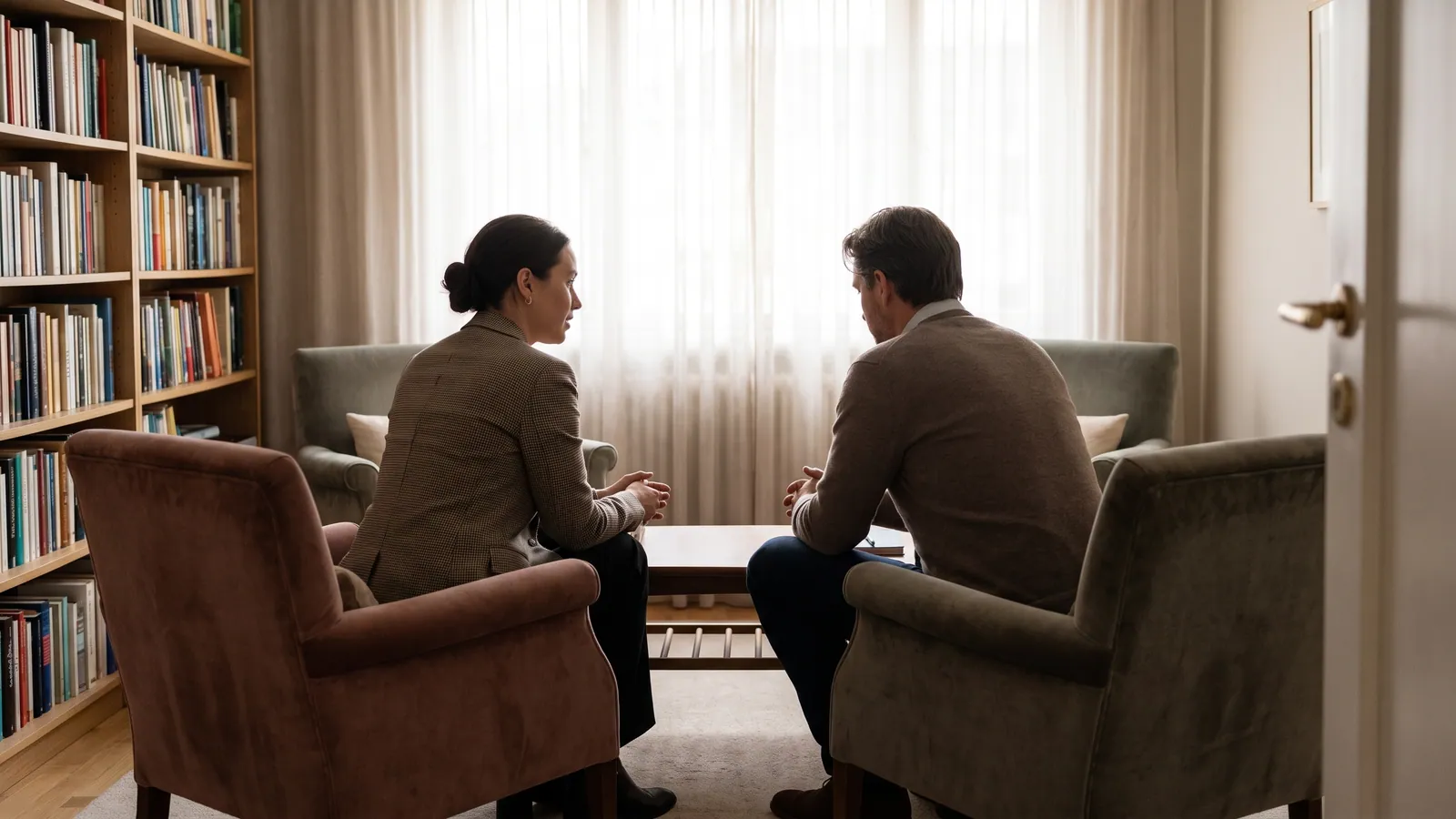 Psychiatrist in conversation with a client in a private consulting room