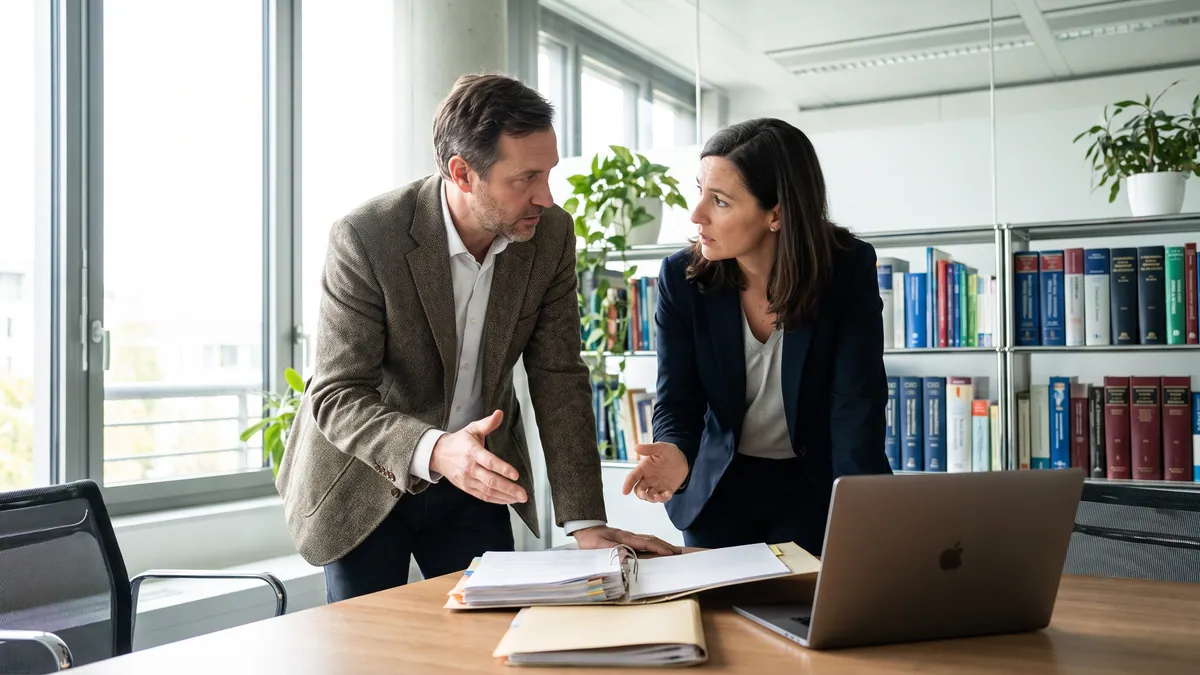Two clinicians conferring over a case in a medical office