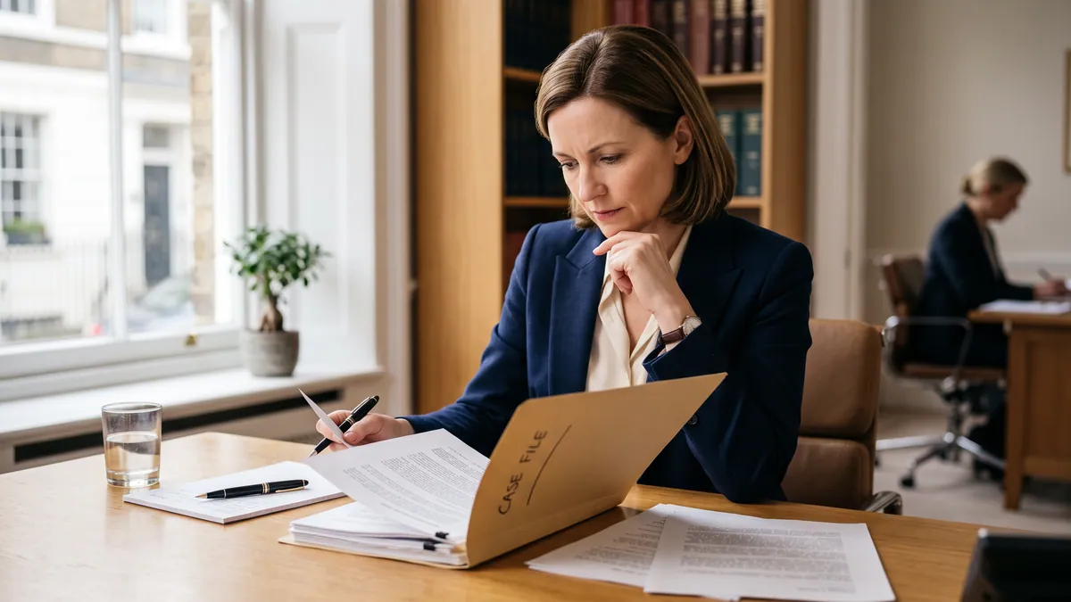 Consultant psychiatrist reviewing a case file at a desk