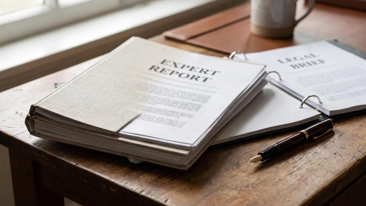 Expert psychiatric report and legal documents on a desk