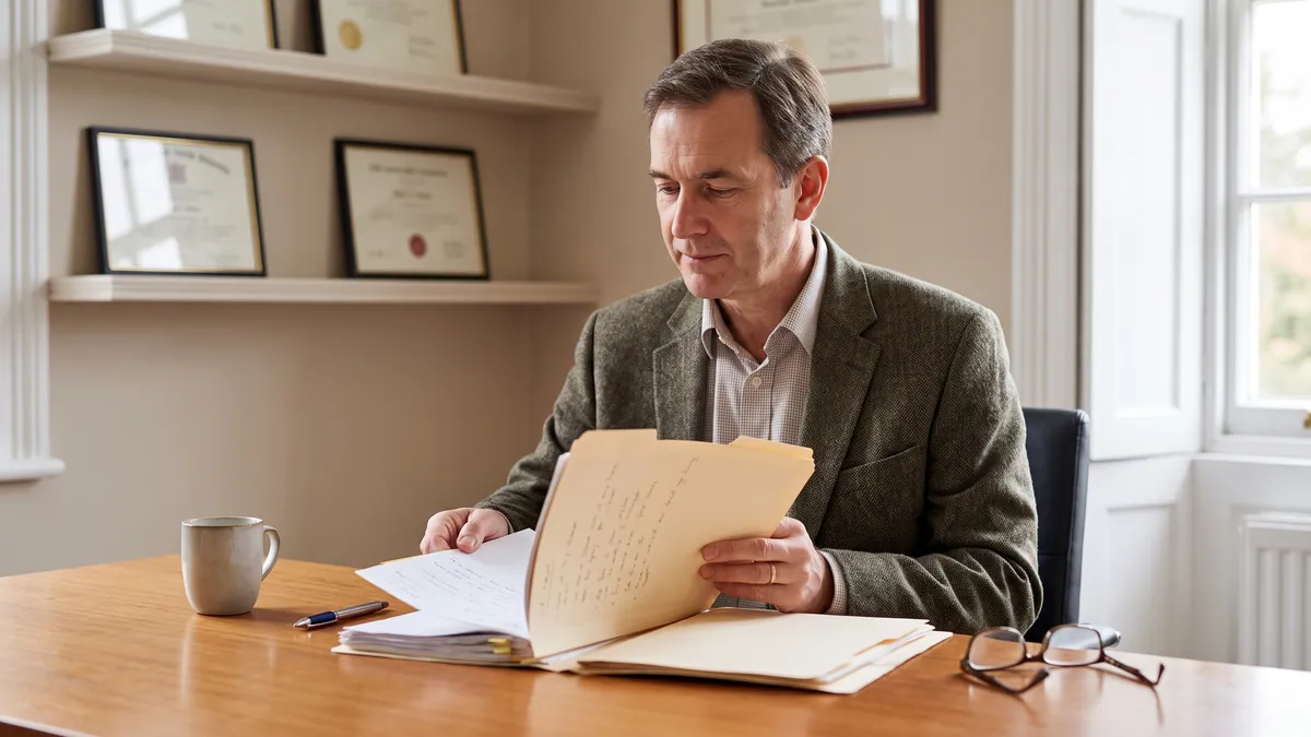 Consultant psychiatrist reviewing clinical notes at a desk