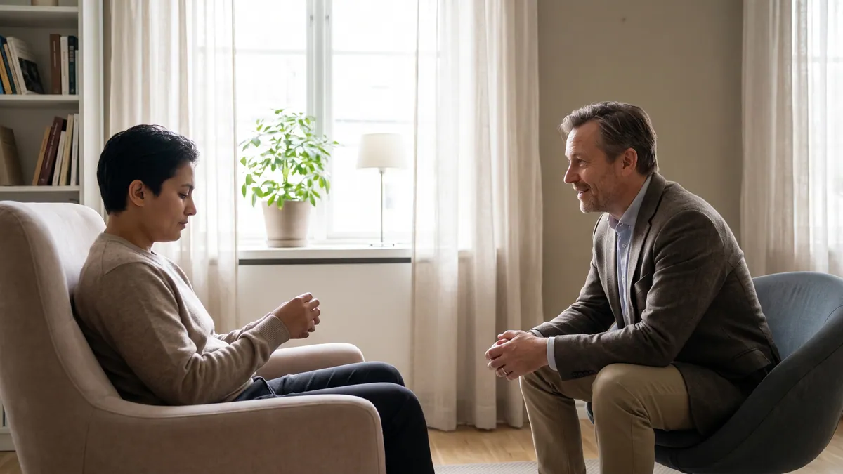 Psychiatrist consulting with a patient in a clinical room